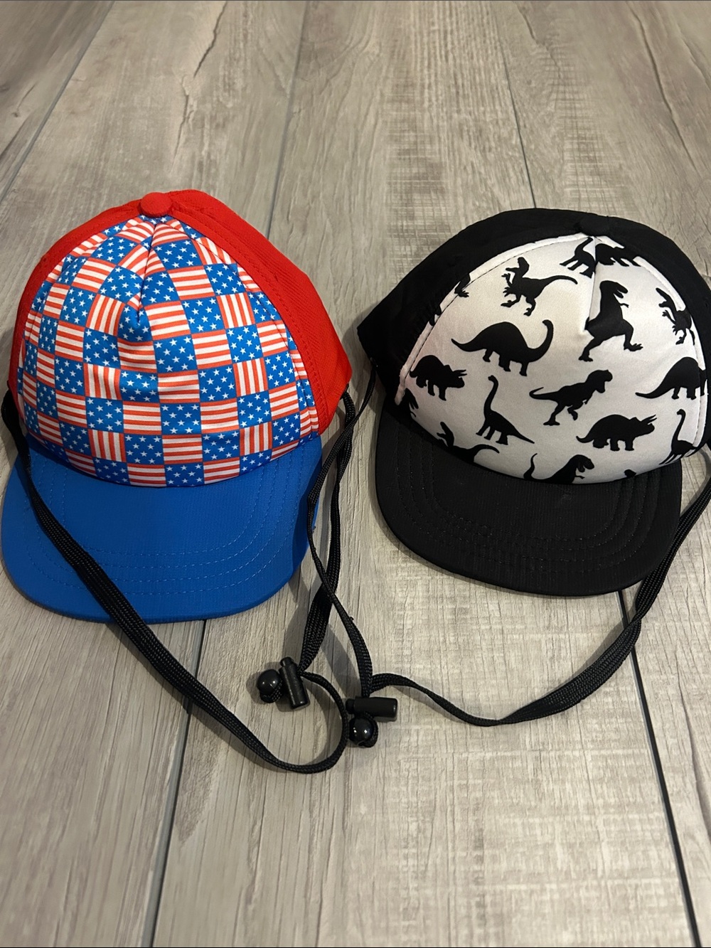 Kids Adjustable American Flag & Dinosaur Hat Set, Sz S (6-24 mos)